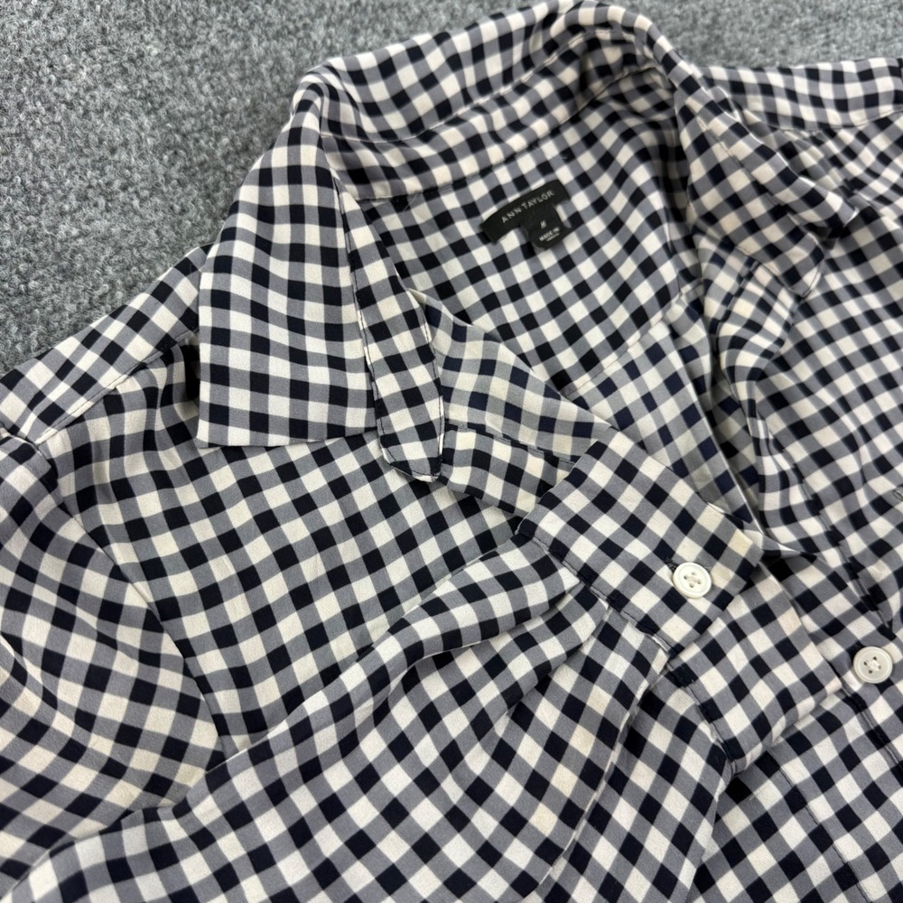Ann Taylor Blouse M Black White Gingham Check Button Front Tunic Womens